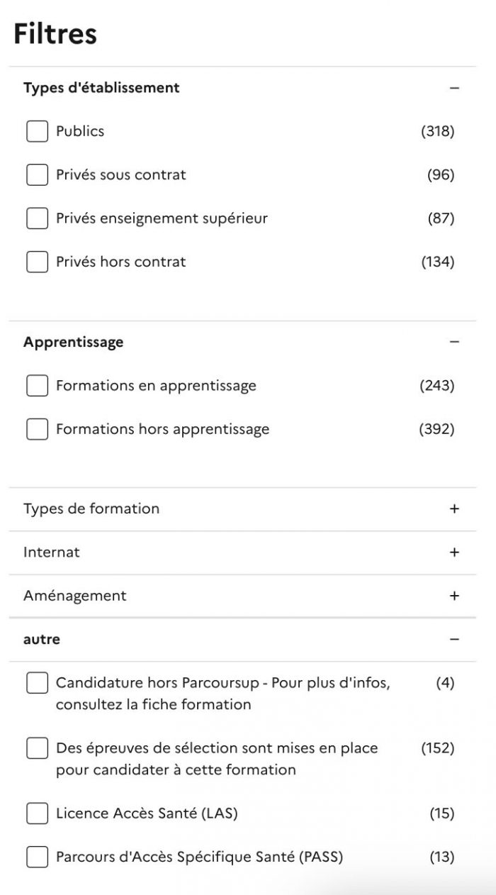 Filtres recherche Parcoursup