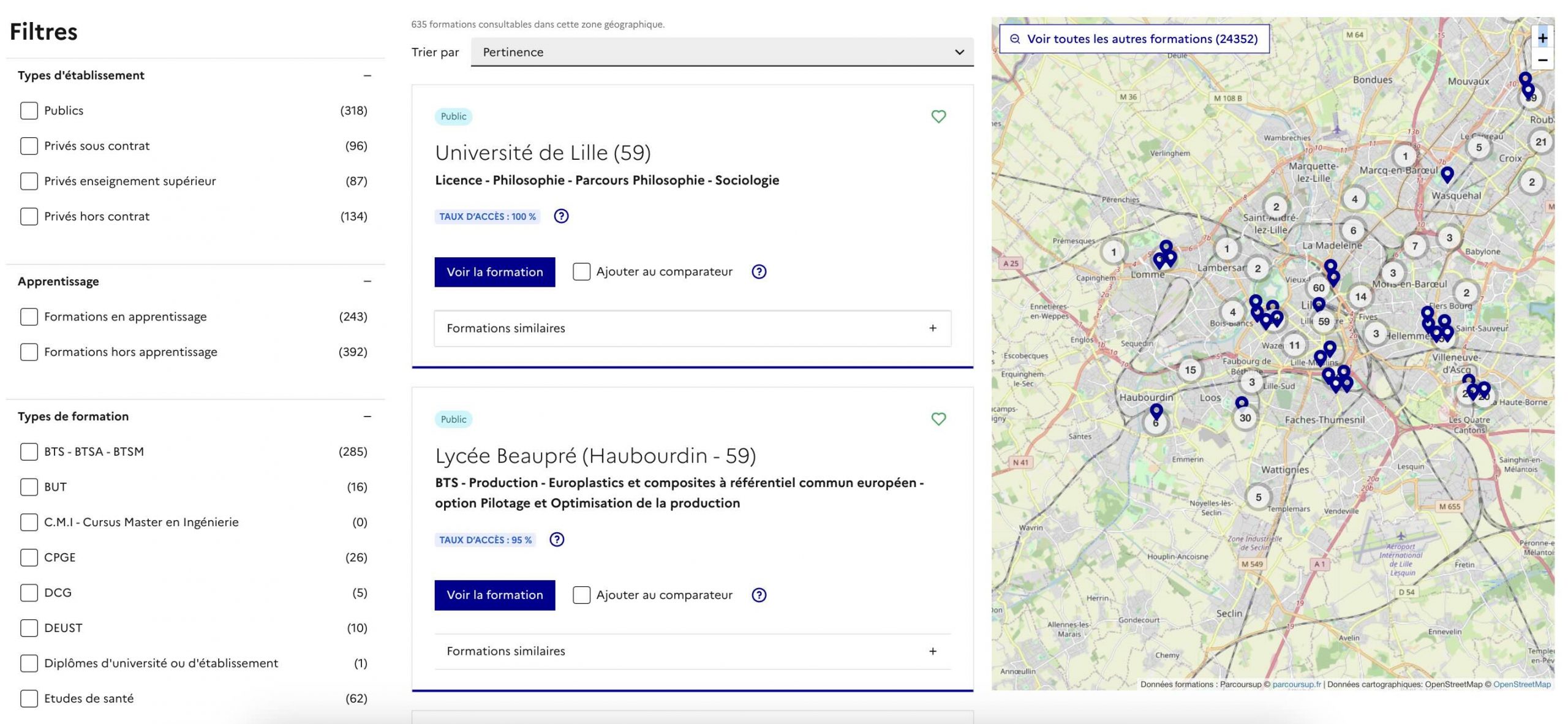 résultats carte interactive parcoursup