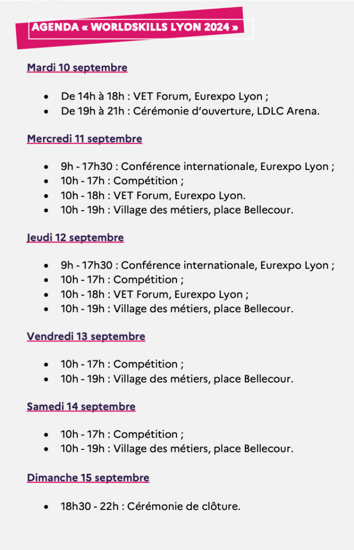 WorldSkills Lyon 2024 - Calendrier et Programme