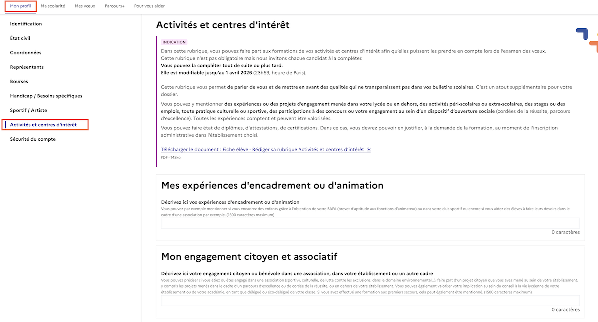 activités et centres intérets parcoursup