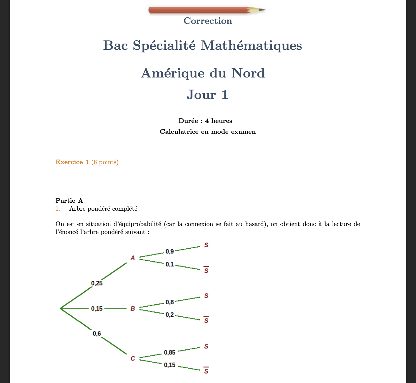 corrigé bac maths 2025 Amérique du nord