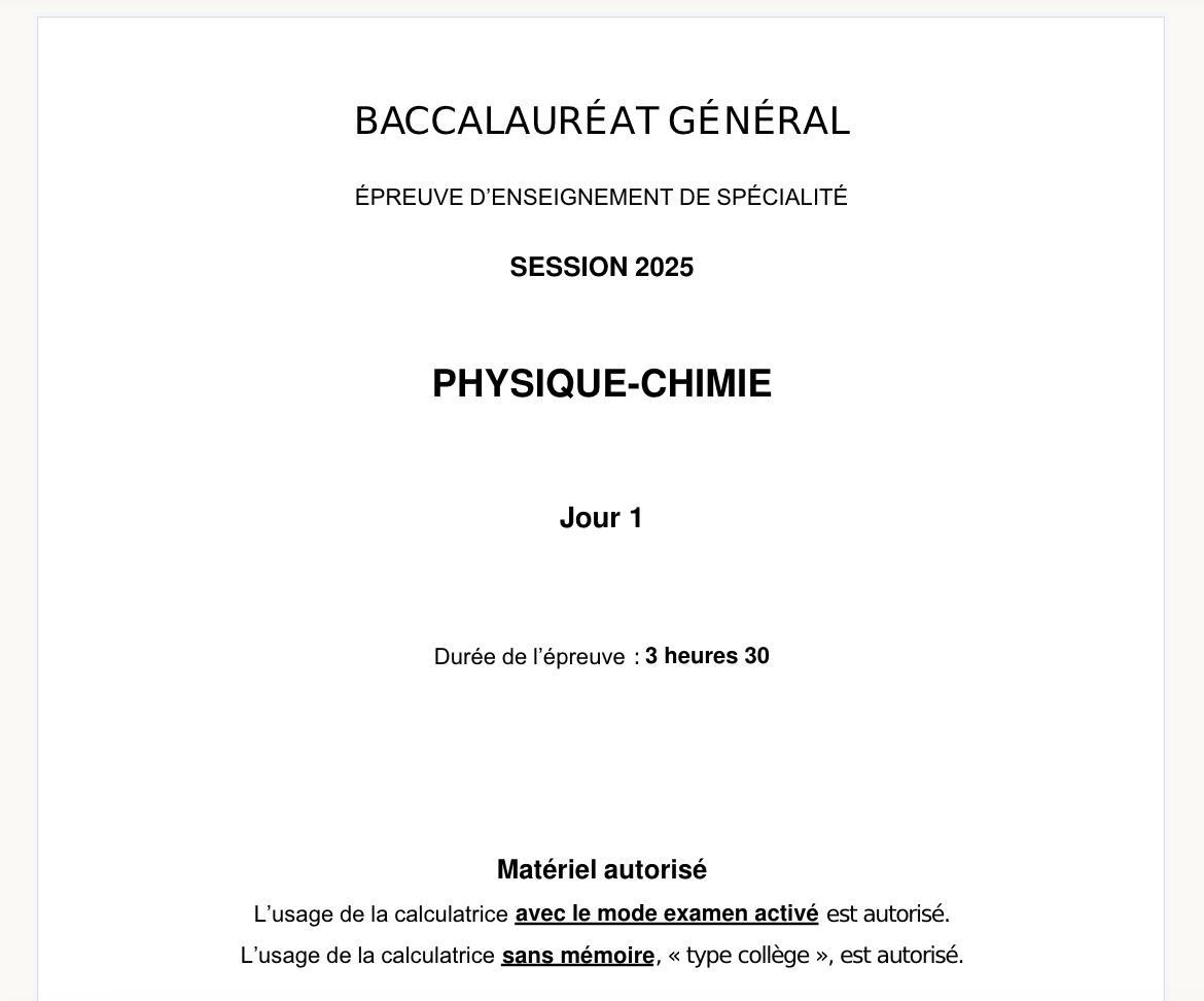 sujet physique-chimie bac 2025 Amérique du nord