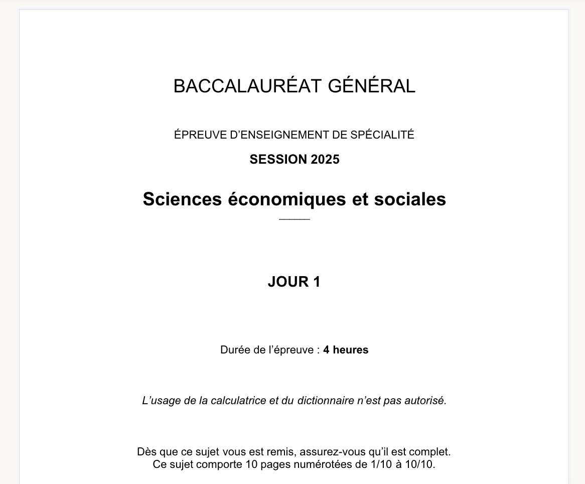sujet bac 2025 SES Amérique du nord