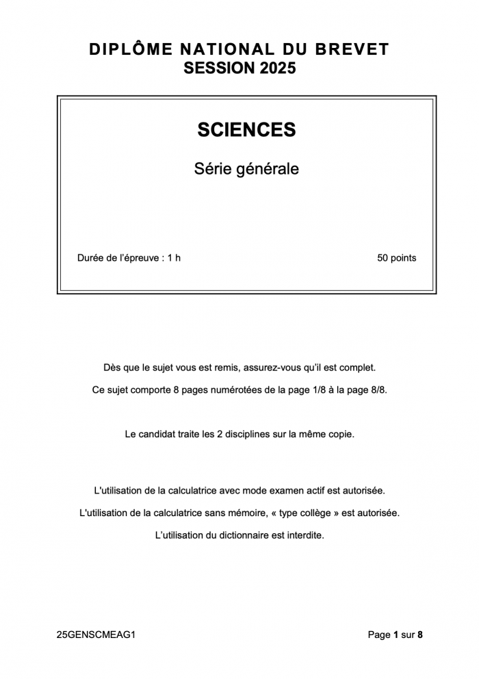 Sujet brevet 2025 sciences