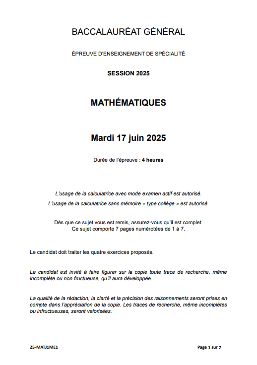 Bac 2025 spé maths sujet officiel jour 1