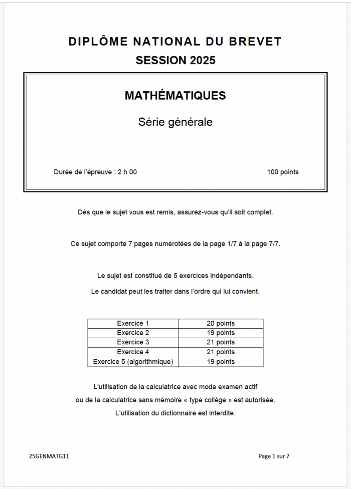 sujet brevet maths 2025 groupe 1