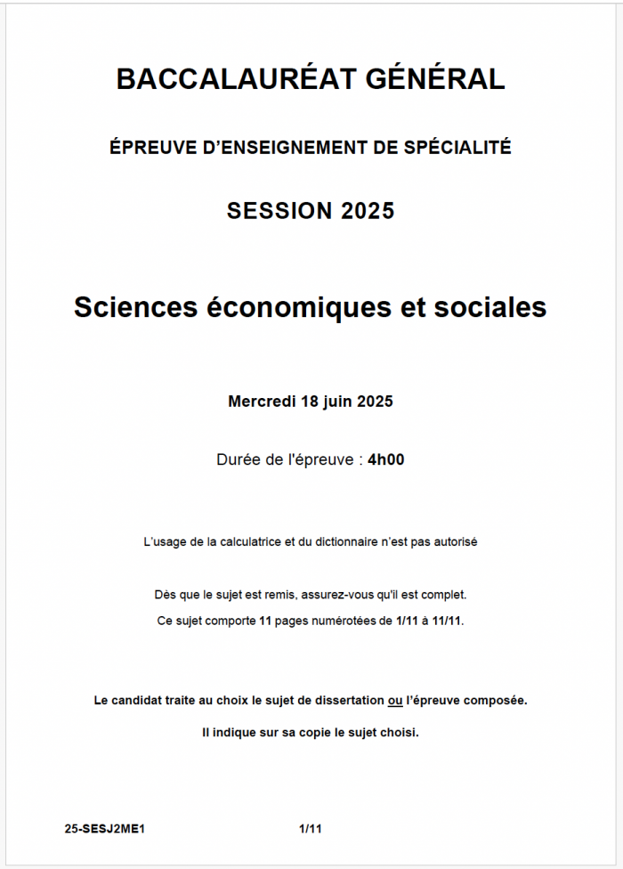sujet SES bac 2025 jour 2