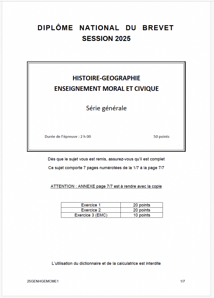 Sujet brevet 2025 histoire-géographie et emc