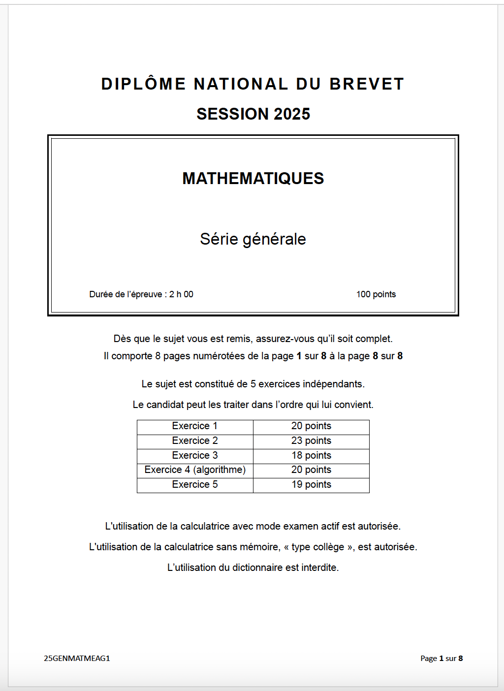 sujet brevet maths 2025 voie générale