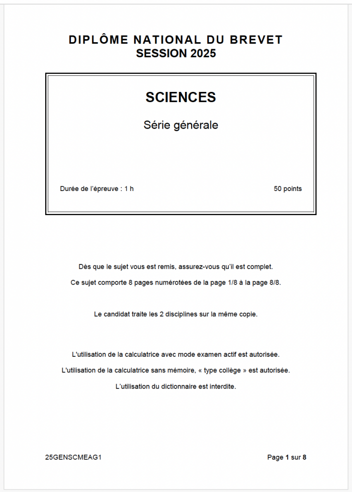 sujet brevet sciences 2025