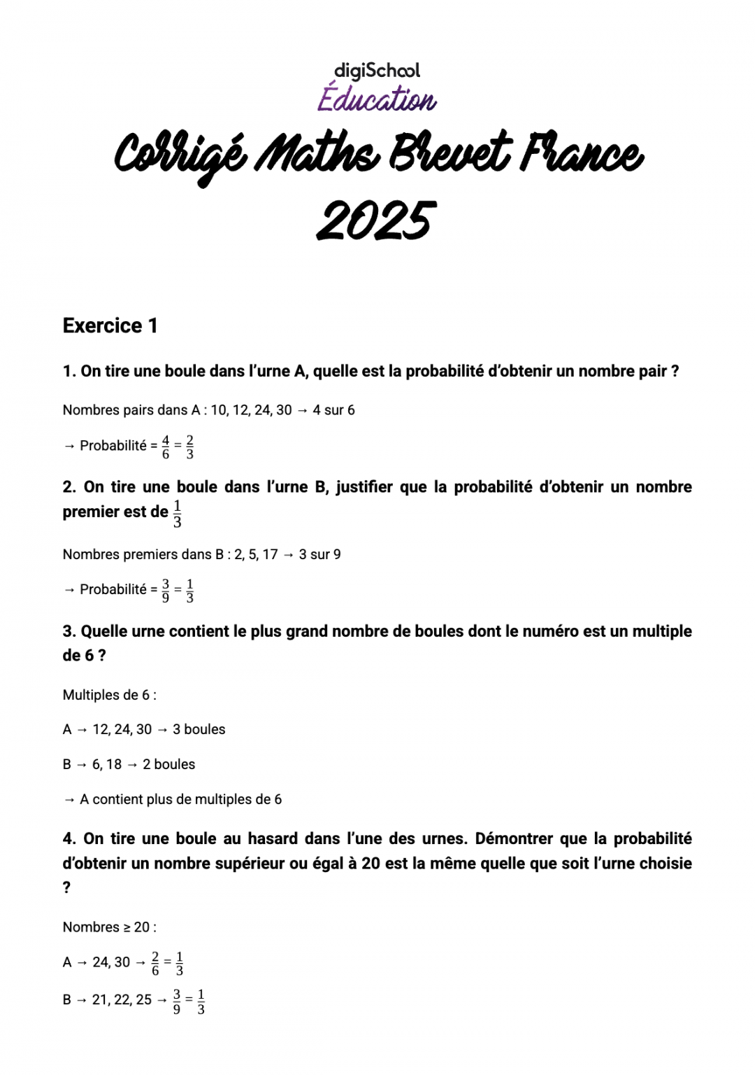 Sujet brevet maths 2025 et corrigé - Actualités de digiSchool