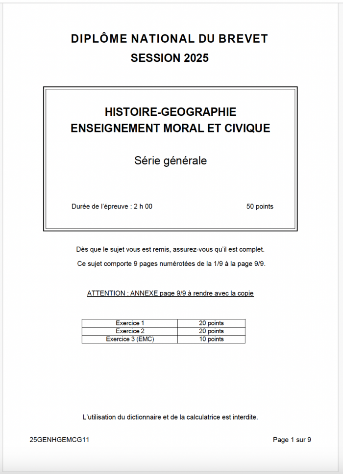 sujet histoire brevet 2025 Groupe 1