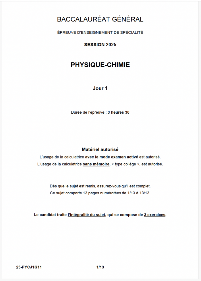 Sujet physique chimie bac 2025
centres étrangers groupe 1