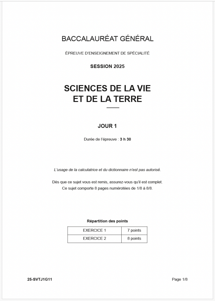 sujet bac SVT 2025 centre étranger groupe 1