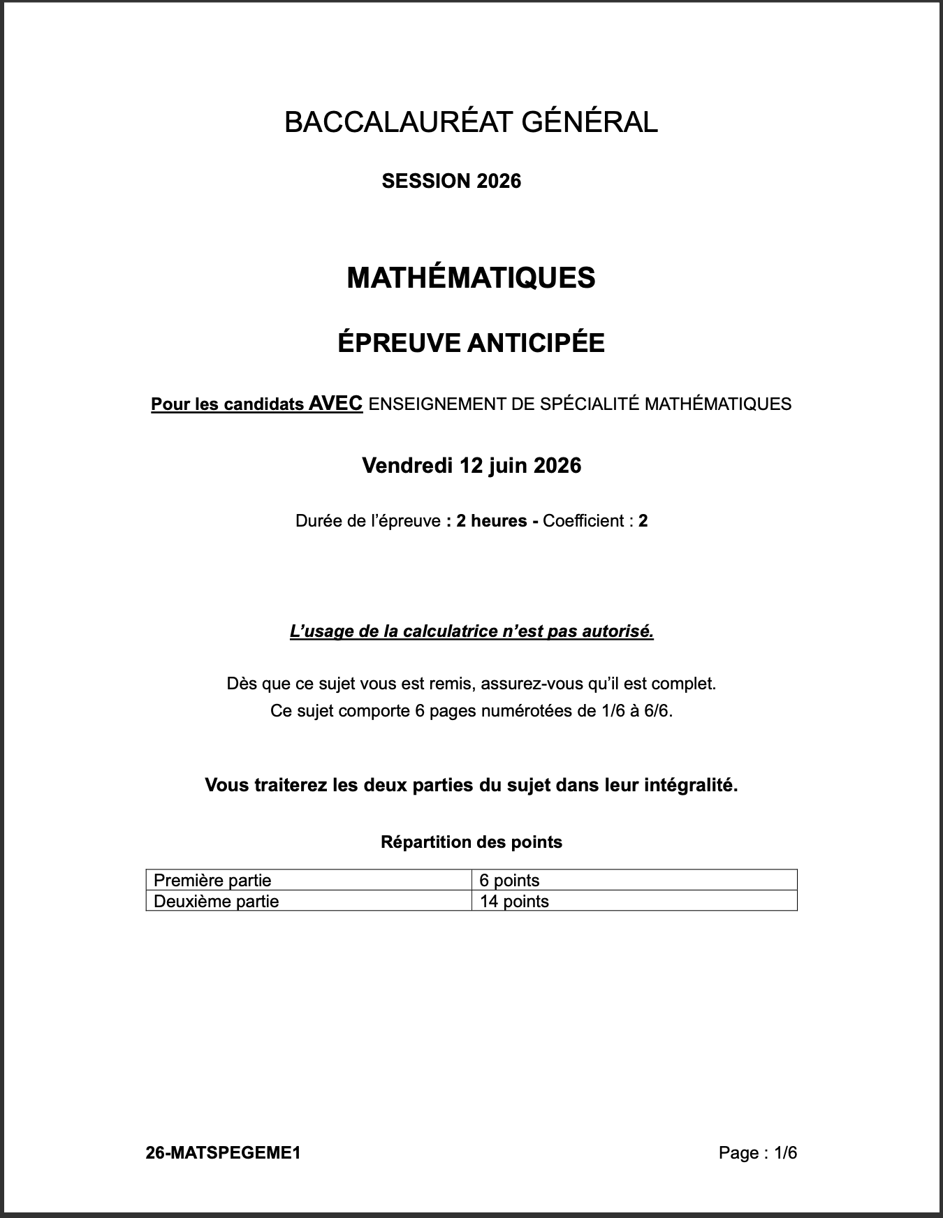 bac 2026 sujet maths avec spé