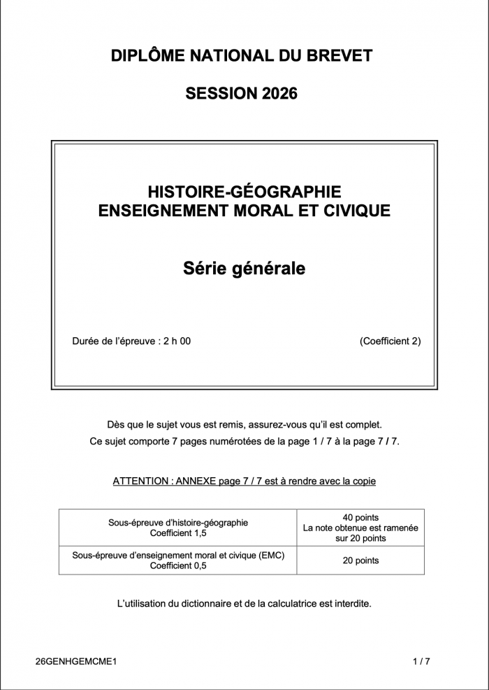 sujet histoire geo brevet 2026
