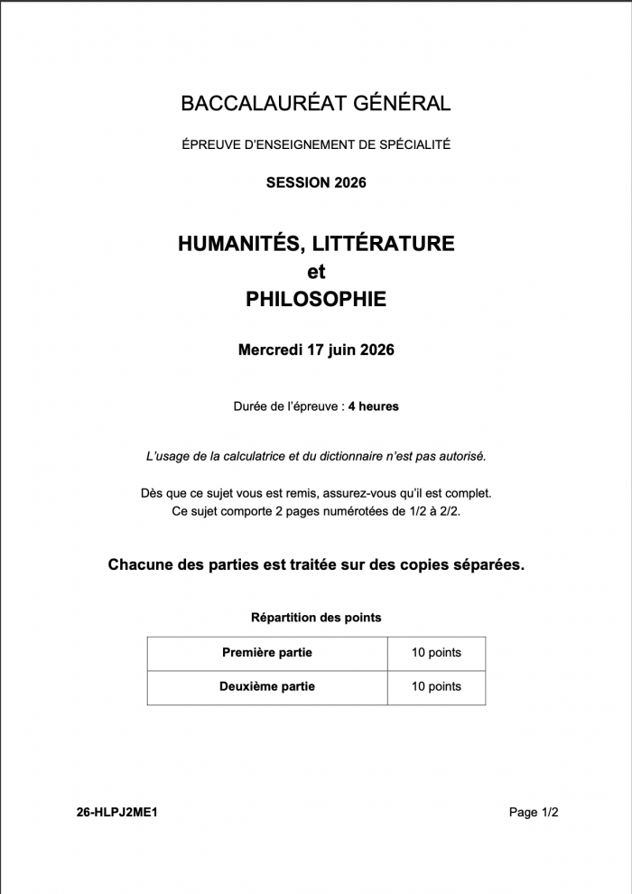 sujet HLP bac 2026 jour 2