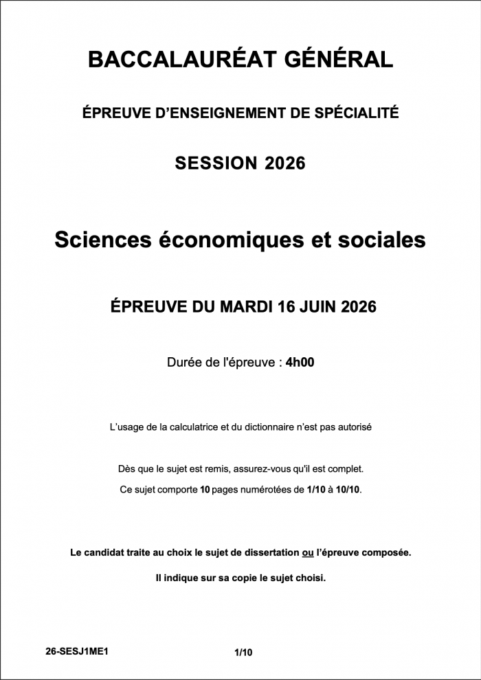 sujet bac SES 2026
