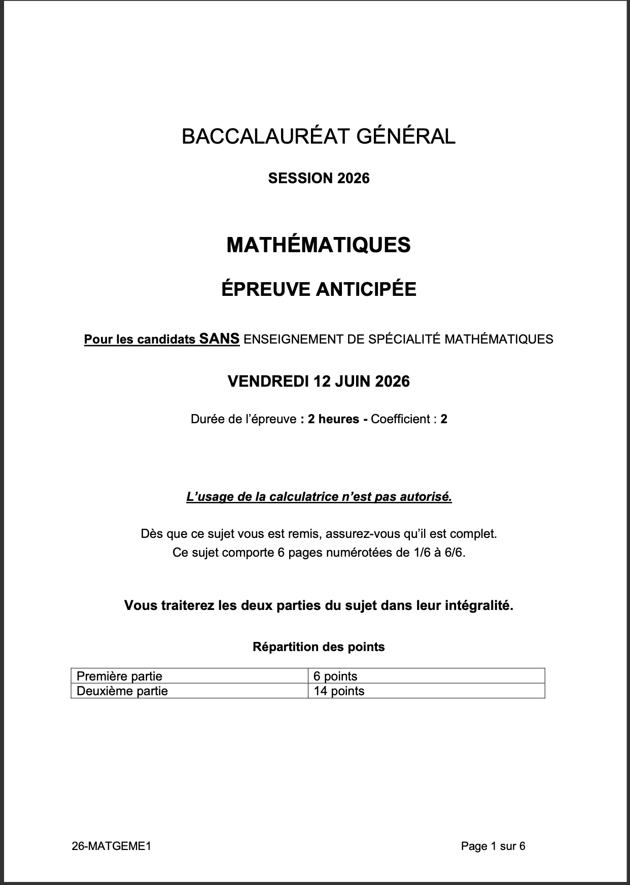bac 2026 sujet maths sans spé