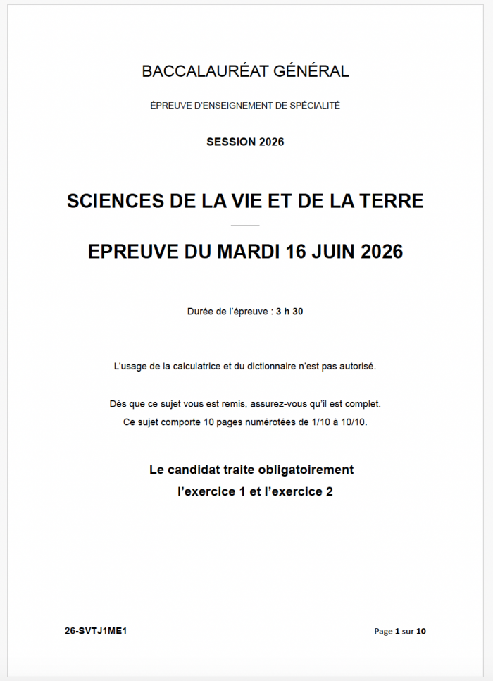 Sujet bac SVT 2026