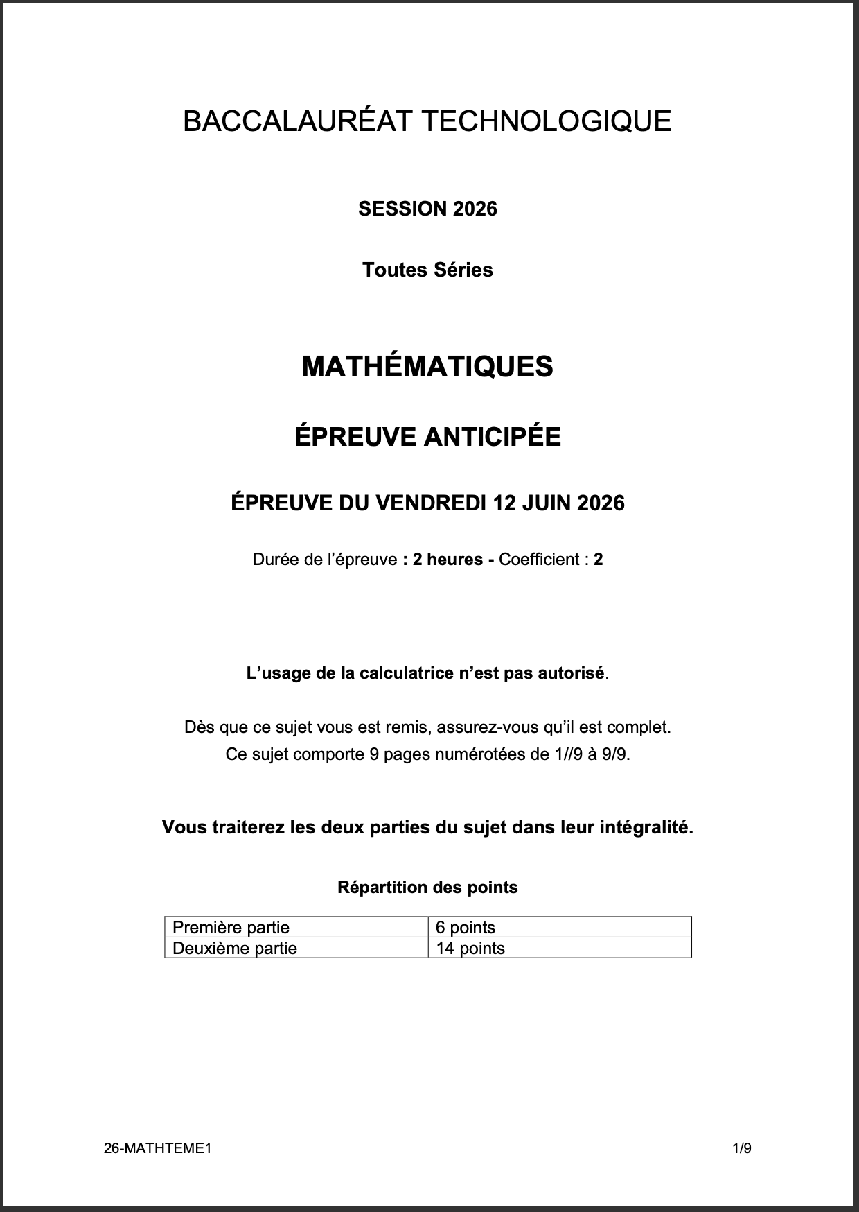 bac 2026 sujet maths techno