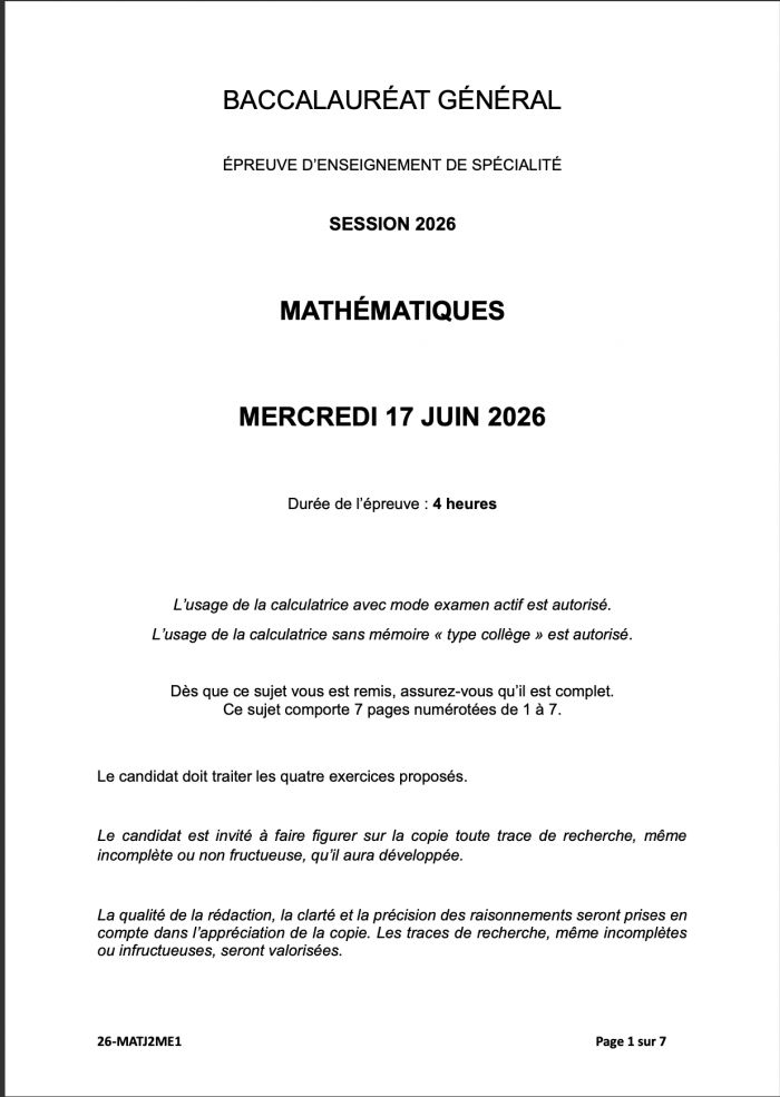 bac 2026 sujet maths jour 2