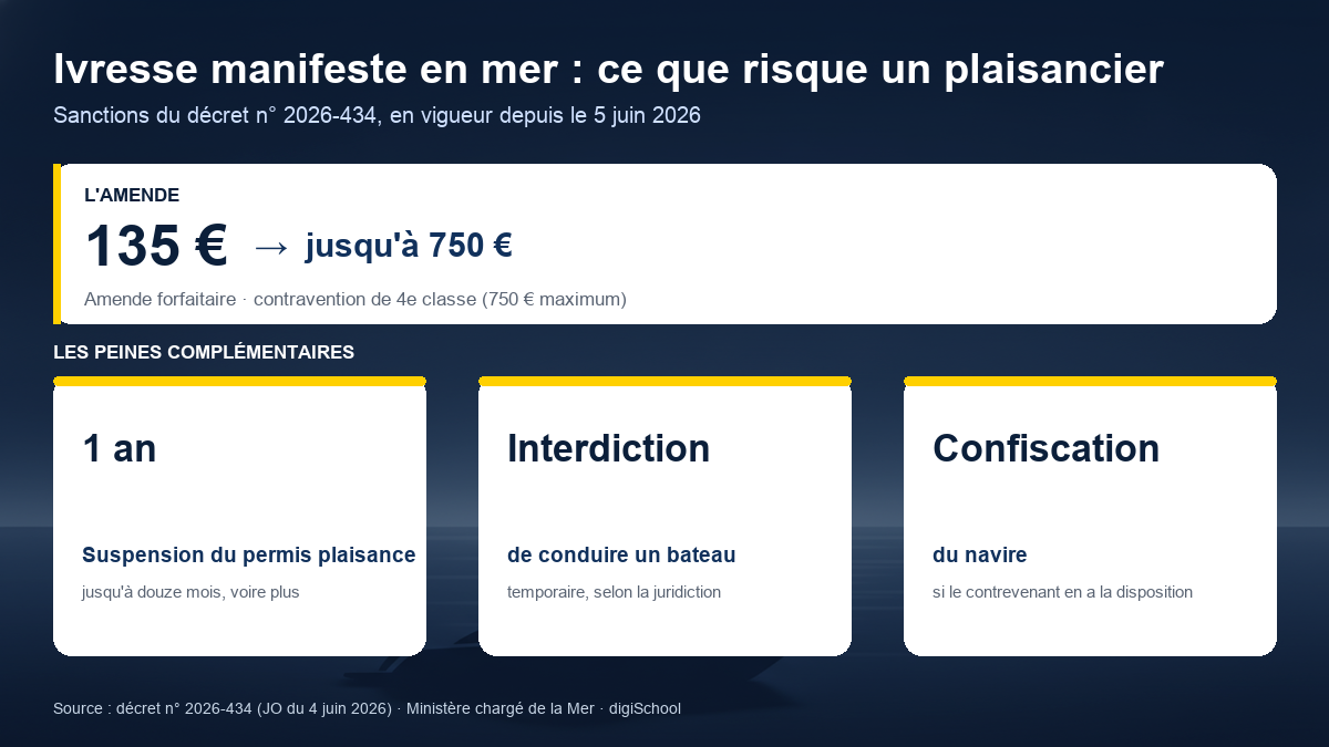 Schéma du barème des sanctions de l'ivresse manifeste en mer (décret 2026-434) : amende de 135 à 750 euros, suspension du permis plaisance jusqu'à un an, interdiction de conduire un bateau, confiscation du navire