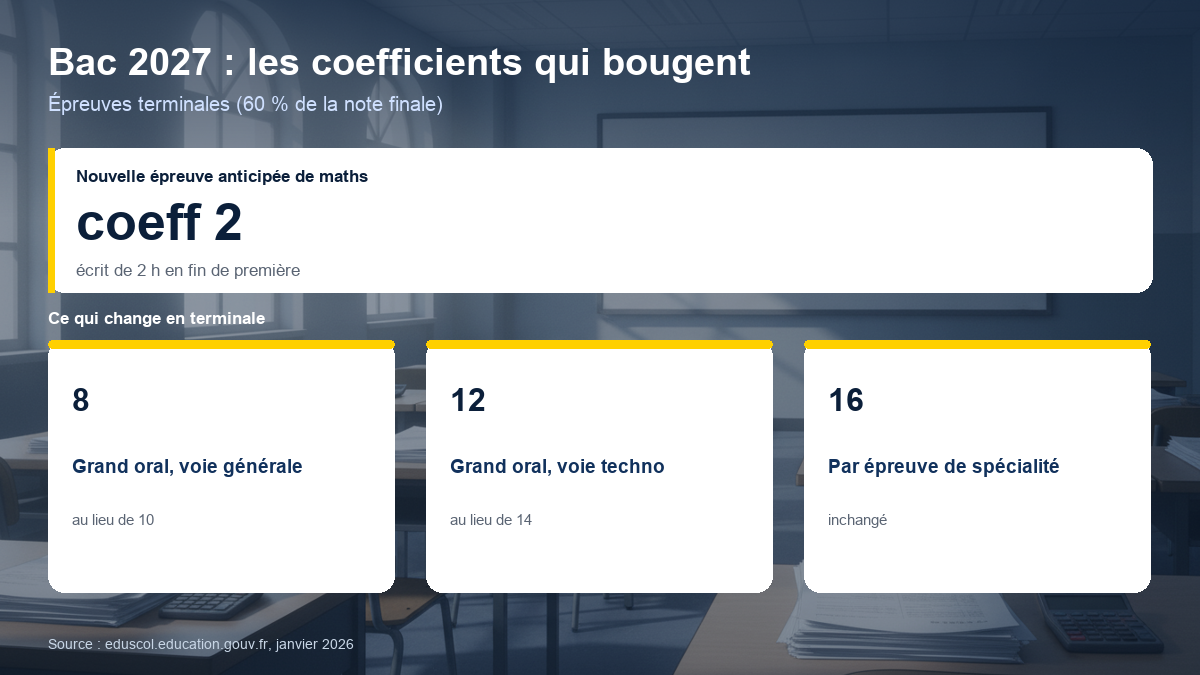 Schéma des coefficients du bac 2027 : épreuve anticipée de mathématiques coefficient 2, grand oral coefficient 8 en voie générale et 12 en voie technologique, épreuves de spécialité coefficient 16.