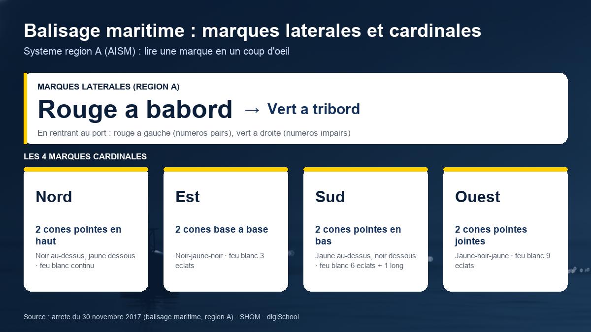 Schéma des marques du balisage maritime en région A : marques latérales rouge (bâbord) et verte (tribord), et les quatre marques cardinales Nord, Est, Sud, Ouest avec leur voyant, leurs couleurs et leur rythme de feu