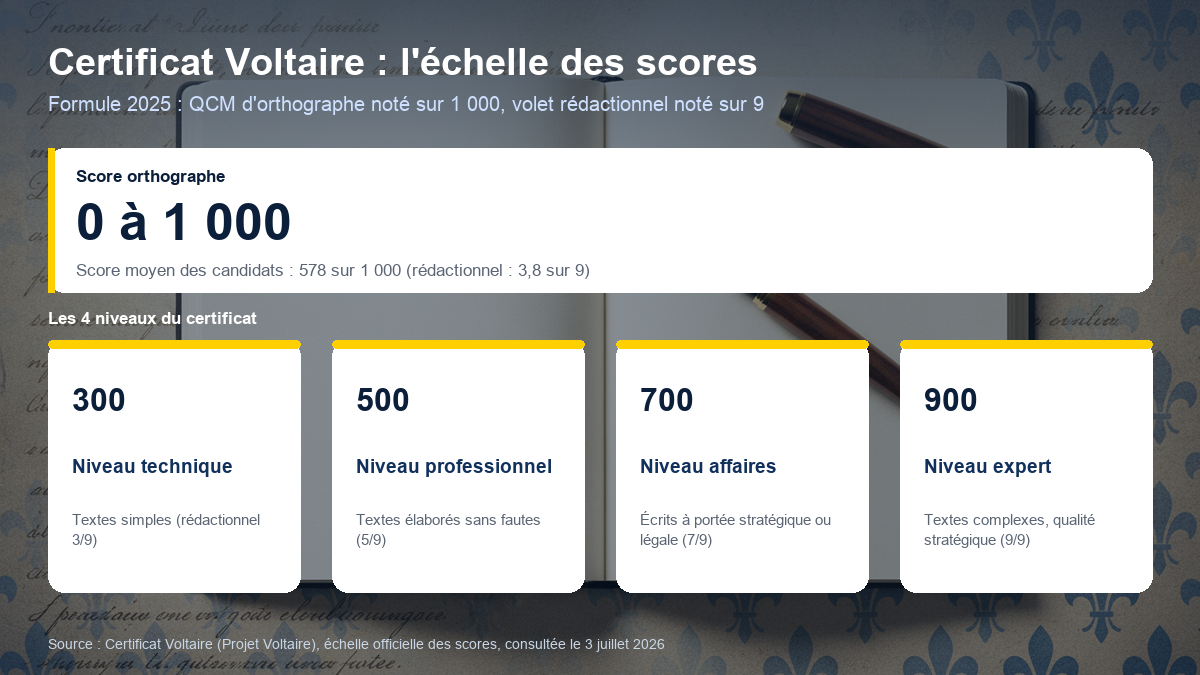 Échelle des scores du Certificat Voltaire : de 0 à 1 000 points en orthographe, avec les quatre niveaux technique (300), professionnel (500), affaires (700) et expert (900)