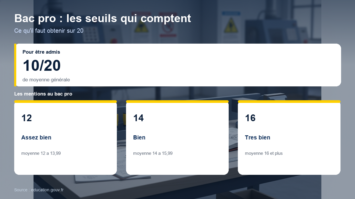 Schéma des seuils du bac professionnel : 10 sur 20 de moyenne générale pour être admis, mentions assez bien à 12, bien à 14 et très bien à 16.