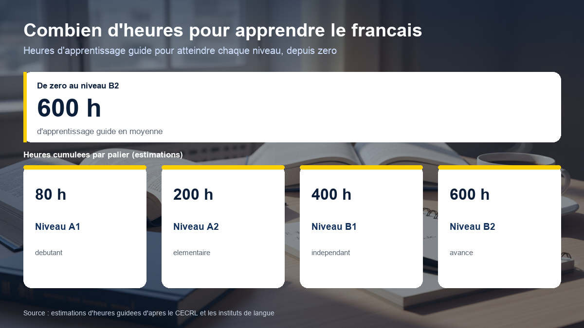 Schéma des heures d'apprentissage guidé cumulées pour atteindre chaque niveau de français de A1 à B2, avec environ 600 heures pour le B2