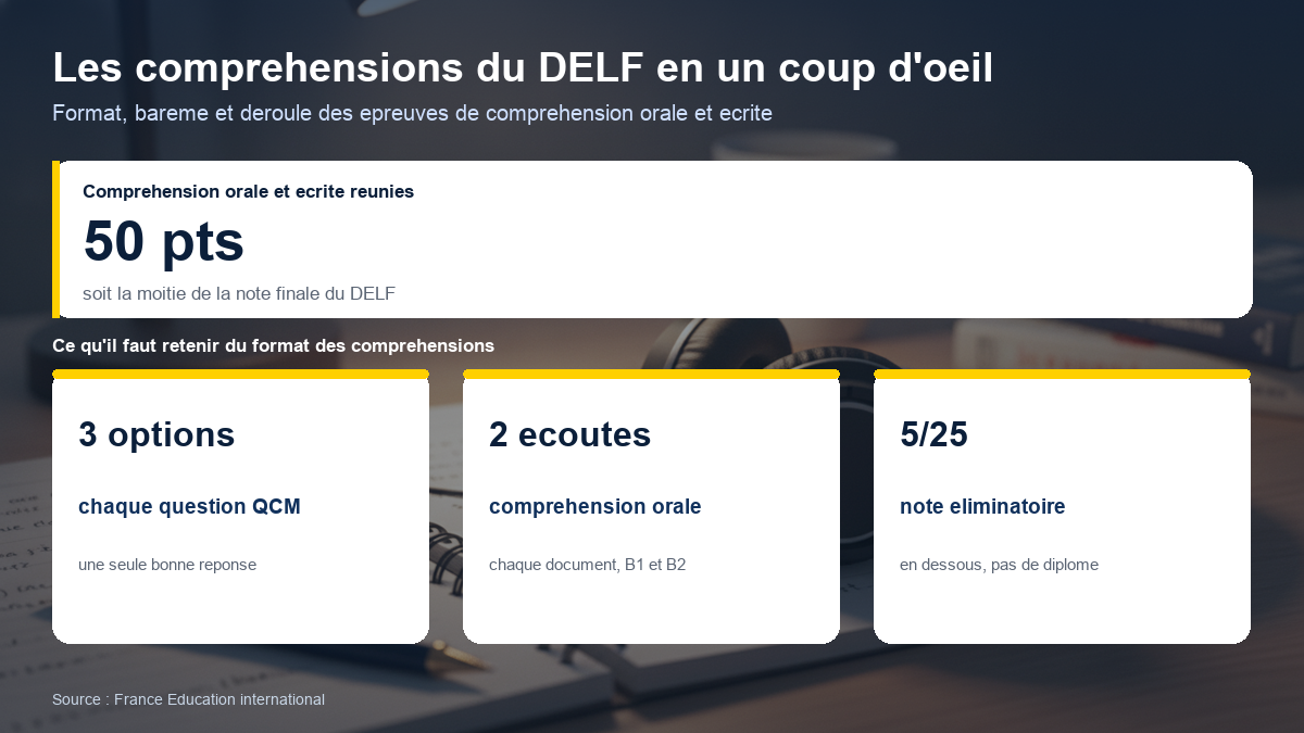 Schéma des épreuves de compréhension du DELF : compréhension orale et écrite réunies notées sur 50 points, format entièrement en questions à choix multiples à trois options, deux écoutes par document au B1 et au B2, note éliminatoire de 5 sur 25 par épreuve