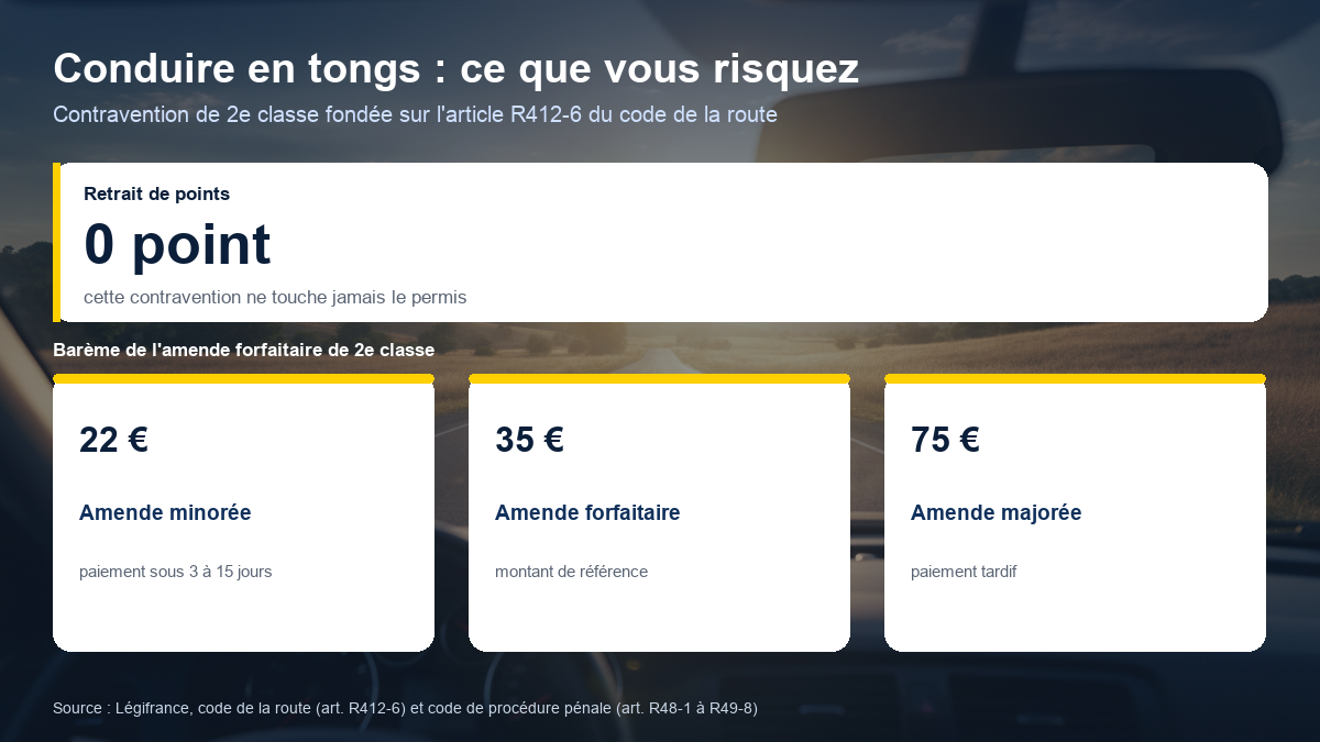 Schéma du barème encouru pour conduite en tongs : amende forfaitaire de 35 euros, minorée à 22 euros, majorée à 75 euros, sans retrait de point, sur le fondement de l'article R412-6 du code de la route