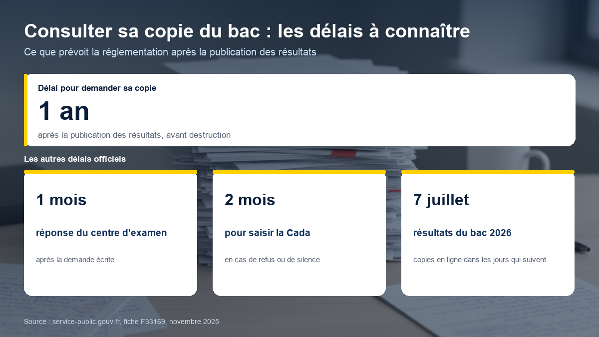 Schéma des délais pour consulter sa copie du bac : un an pour demander sa copie après les résultats, un mois de réponse du centre d'examen, deux mois pour saisir la Cada en cas de refus.