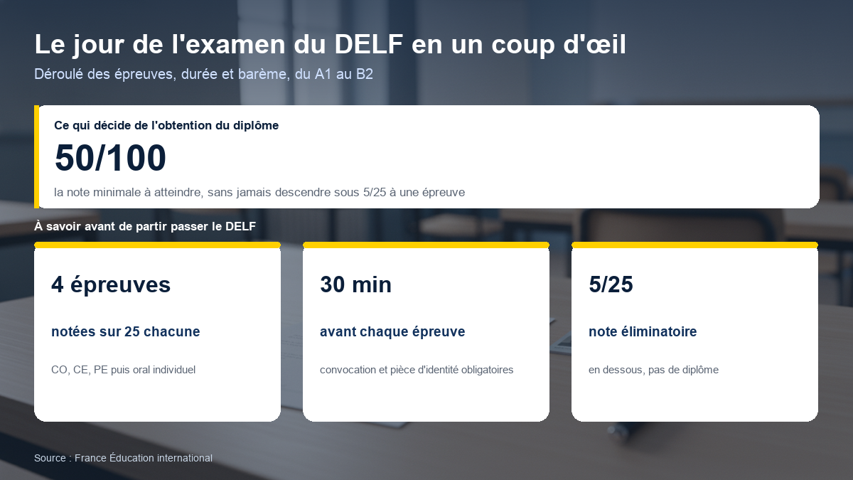 Schéma du déroulement de l'examen DELF : quatre épreuves notées sur 25 points chacune, une session collective de compréhension orale, compréhension écrite et production écrite suivie d'un oral individuel, arrivée 30 minutes avant chaque épreuve avec convocation et pièce d'identité, note minimale de 50 sur 100 et 5 sur 25 éliminatoire