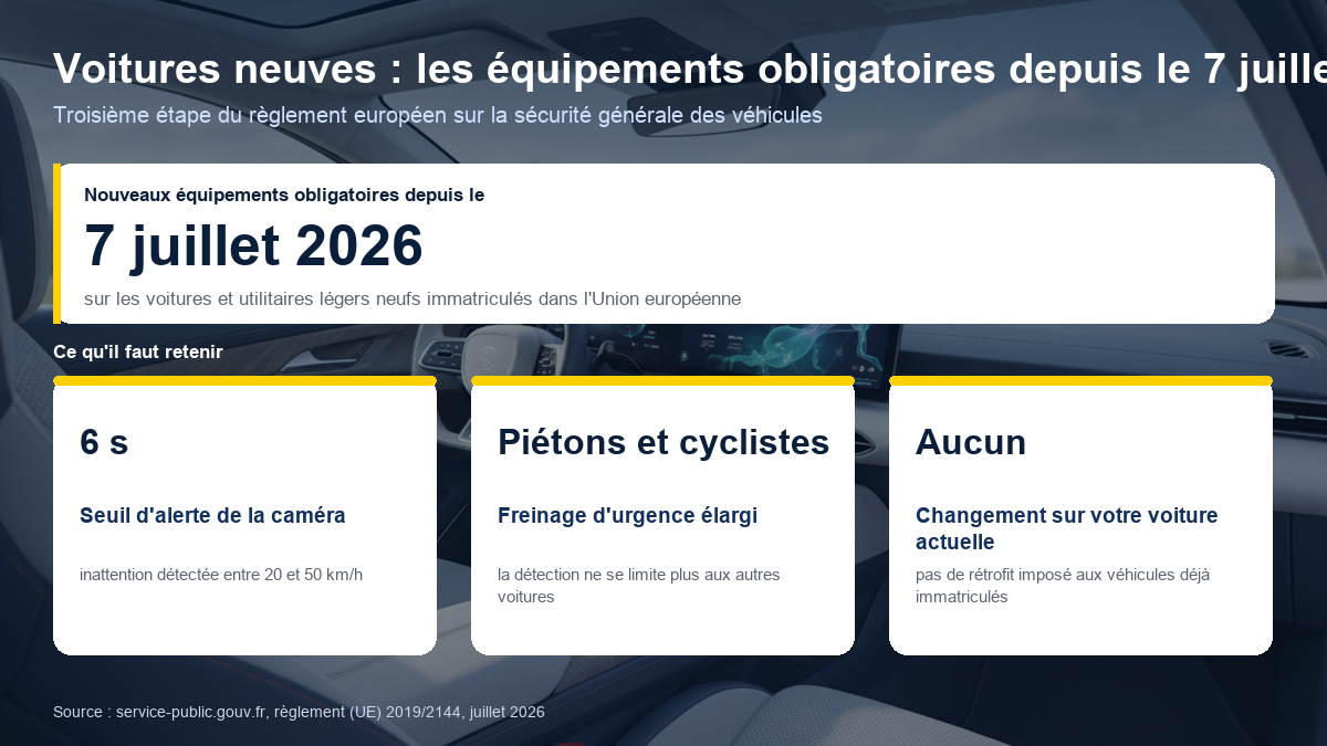 Équipements obligatoires sur les voitures neuves depuis le 7 juillet 2026 : caméra de surveillance de l'attention avec alerte après 6 secondes entre 20 et 50 km/h, freinage d'urgence automatique détectant piétons et cyclistes, aucun changement imposé aux véhicules déjà immatriculés