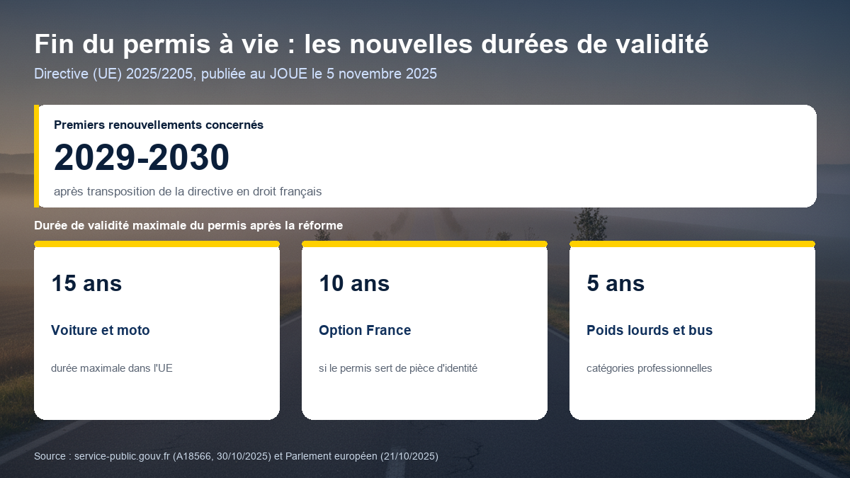 Schéma des nouvelles durées de validité du permis de conduire après la réforme européenne : 15 ans pour les voitures et motos, 10 ans possibles en France, 5 ans pour les poids lourds, premiers renouvellements vers 2029-2030