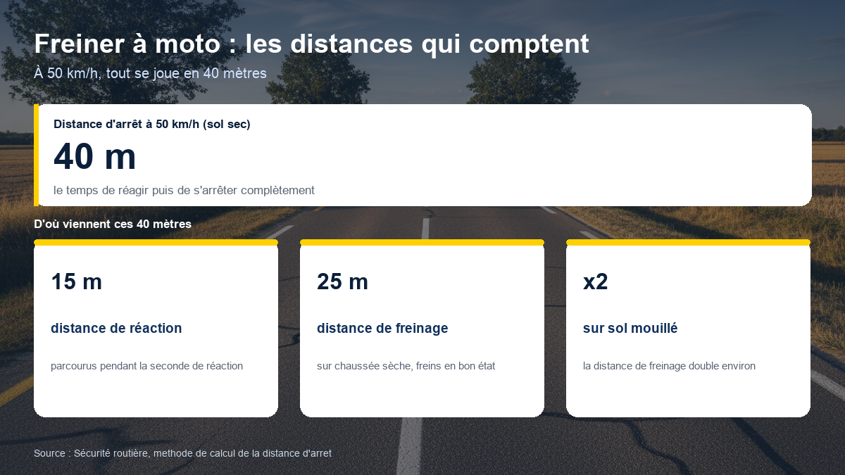 Schéma des distances d'arrêt à moto : 15 mètres de réaction et 25 mètres de freinage à 50 km/h sur sol sec, soit 40 mètres au total, distance qui double environ sur sol mouillé