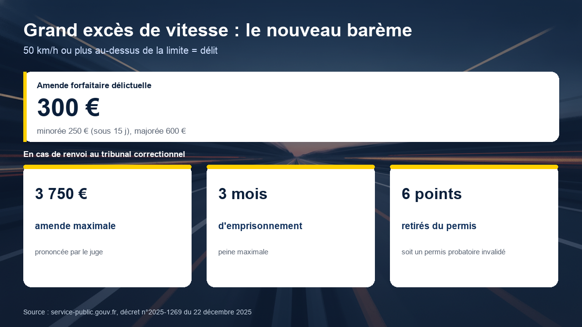 Barème des sanctions du grand excès de vitesse devenu un délit : amende forfaitaire délictuelle de 300 euros, jusqu'à 3 750 euros et 3 mois de prison au tribunal correctionnel, retrait de 6 points.