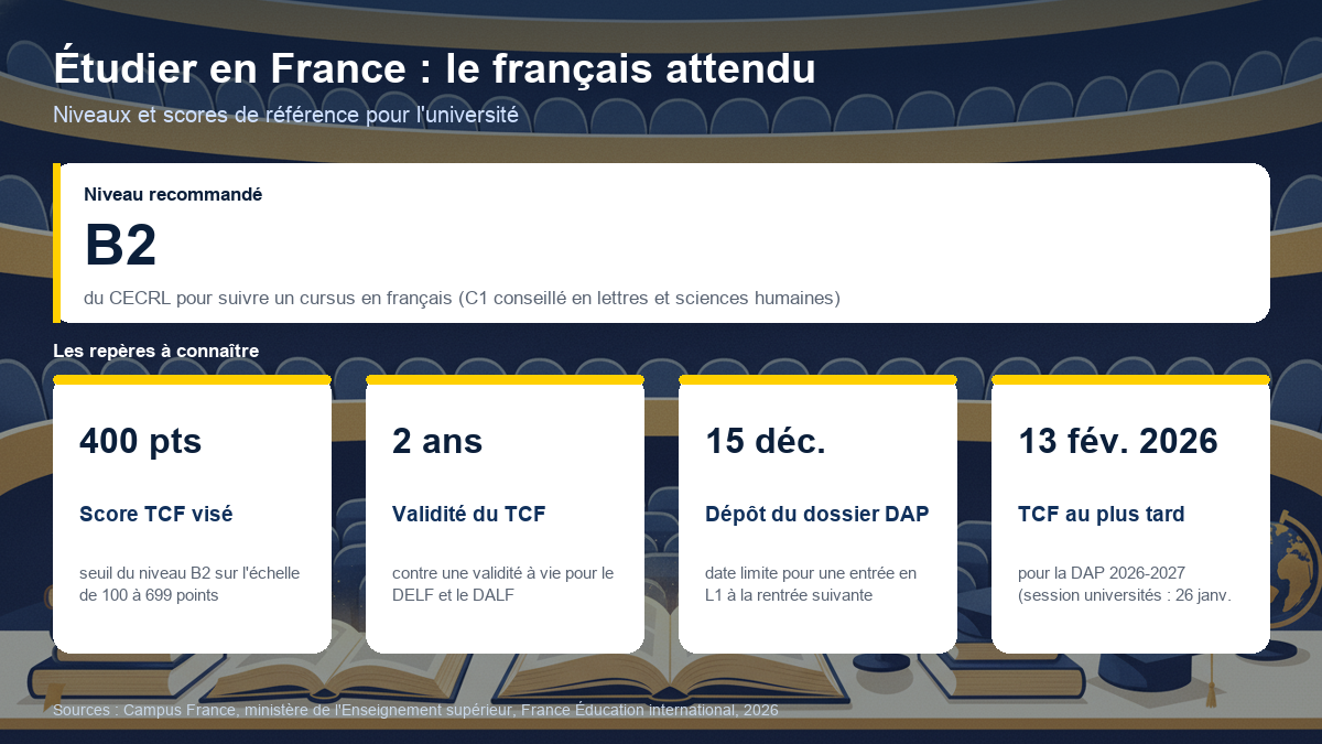Schéma récapitulatif du niveau de français pour étudier en France : B2 recommandé, score TCF de 400 points, validité de 2 ans du TCF, dates limites de la DAP