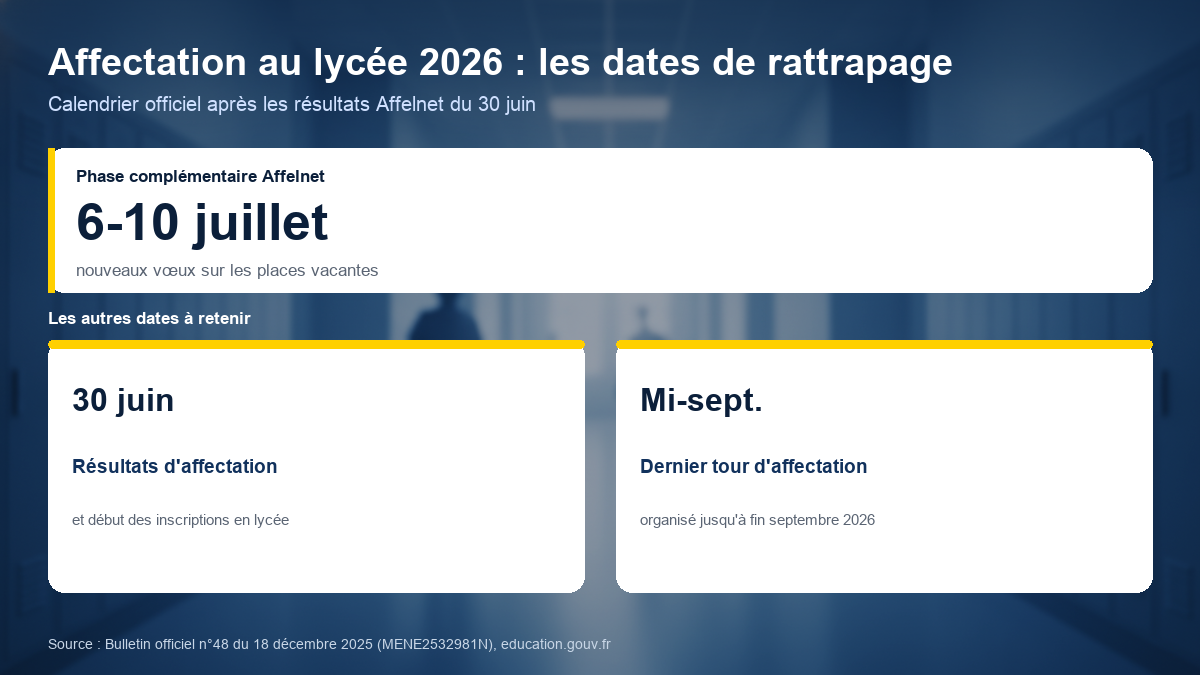 Calendrier 2026 des tours d'affectation au lycée après la 3e : résultats Affelnet le 30 juin, phase complémentaire du 6 au 10 juillet, dernier tour d'affectation en septembre.