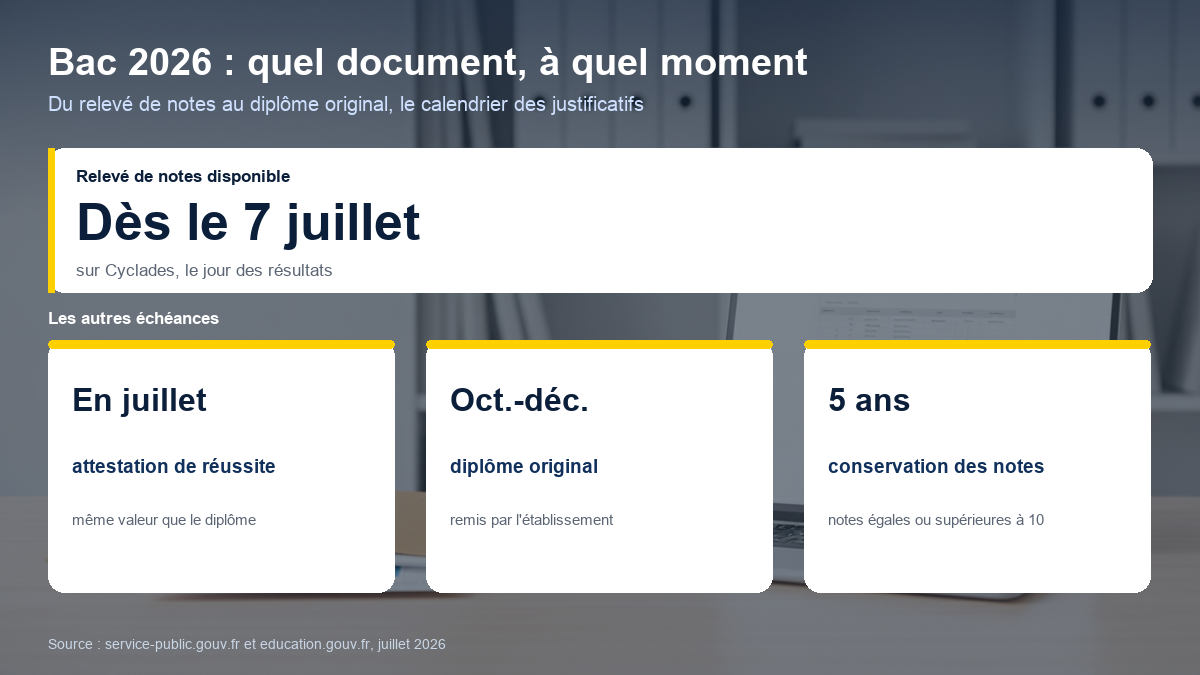 Calendrier des documents du bac 2026 : relevé de notes disponible sur Cyclades dès le 7 juillet, attestation de réussite en juillet, diplôme original remis entre octobre et décembre, conservation des notes égales ou supérieures à 10 pendant cinq ans.
