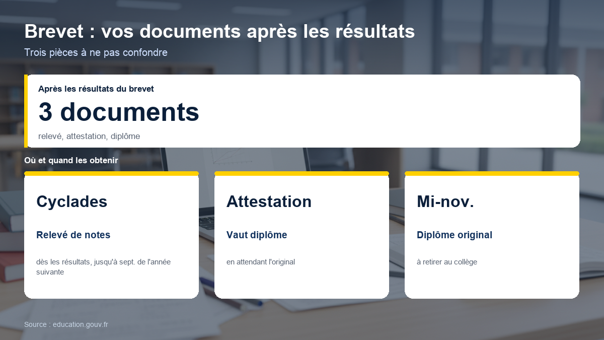 Schéma des trois documents du brevet après les résultats : le relevé de notes sur Cyclades disponible dès les résultats, l'attestation de réussite qui a valeur de diplôme, et le diplôme original à retirer au collège à partir de mi-novembre.