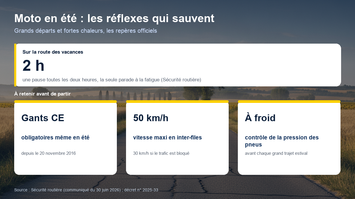 Schéma des réflexes pour rouler à moto en été : pause toutes les deux heures, gants CE obligatoires, inter-files à 50 km/h maximum, pression des pneus à froid