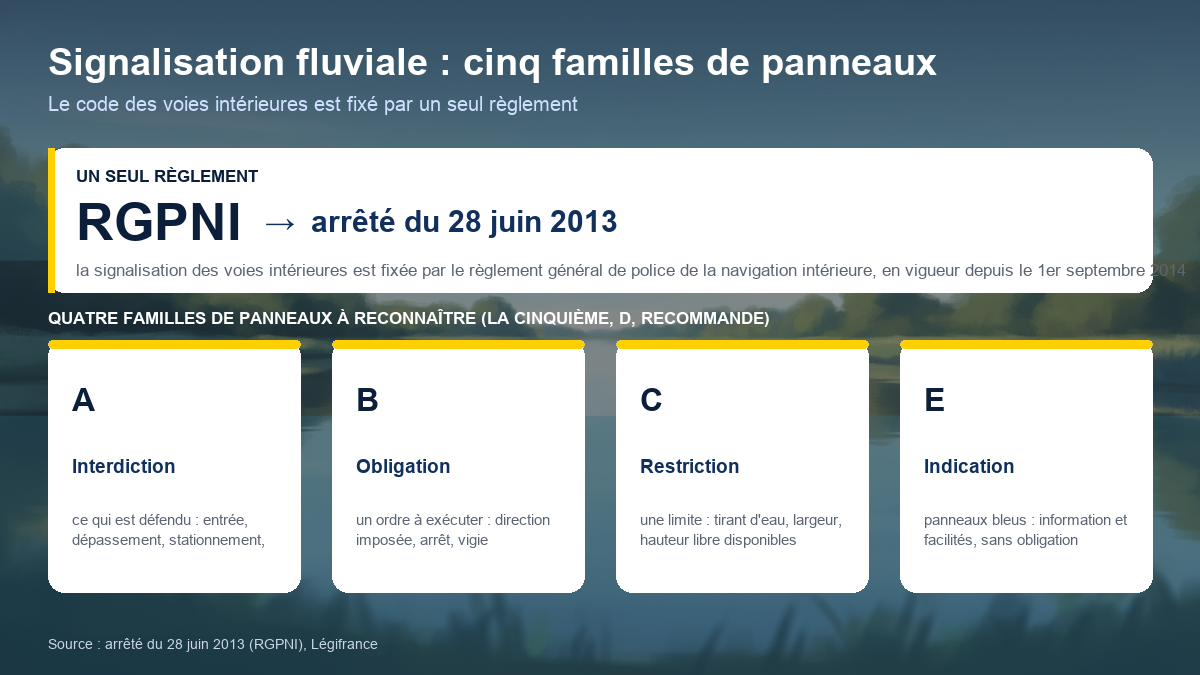 Schéma de la signalisation fluviale : la signalisation des voies intérieures est fixée par le RGPNI, arrêté du 28 juin 2013 en vigueur depuis le 1er septembre 2014 ; cinq familles de panneaux, A interdiction, B obligation, C restriction, D recommandation et E indication en bleu