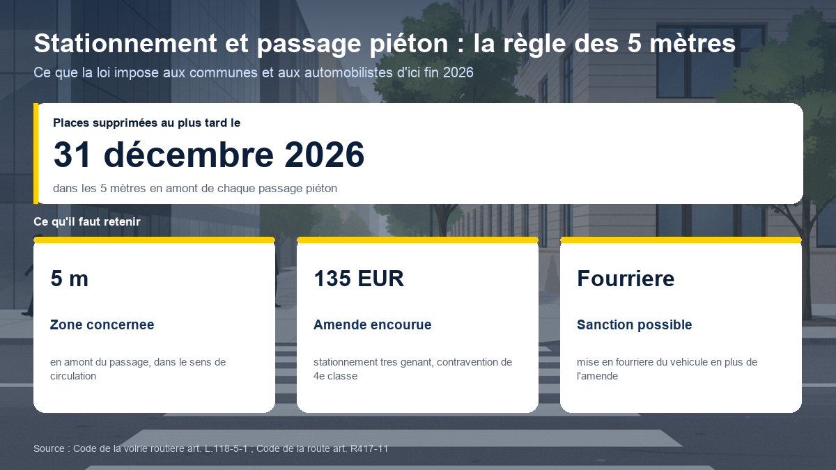 Schéma de la règle des 5 mètres avant un passage piéton : suppression des places de stationnement au plus tard le 31 décembre 2026, zone de 5 mètres en amont, amende de 135 euros et mise en fourrière possible