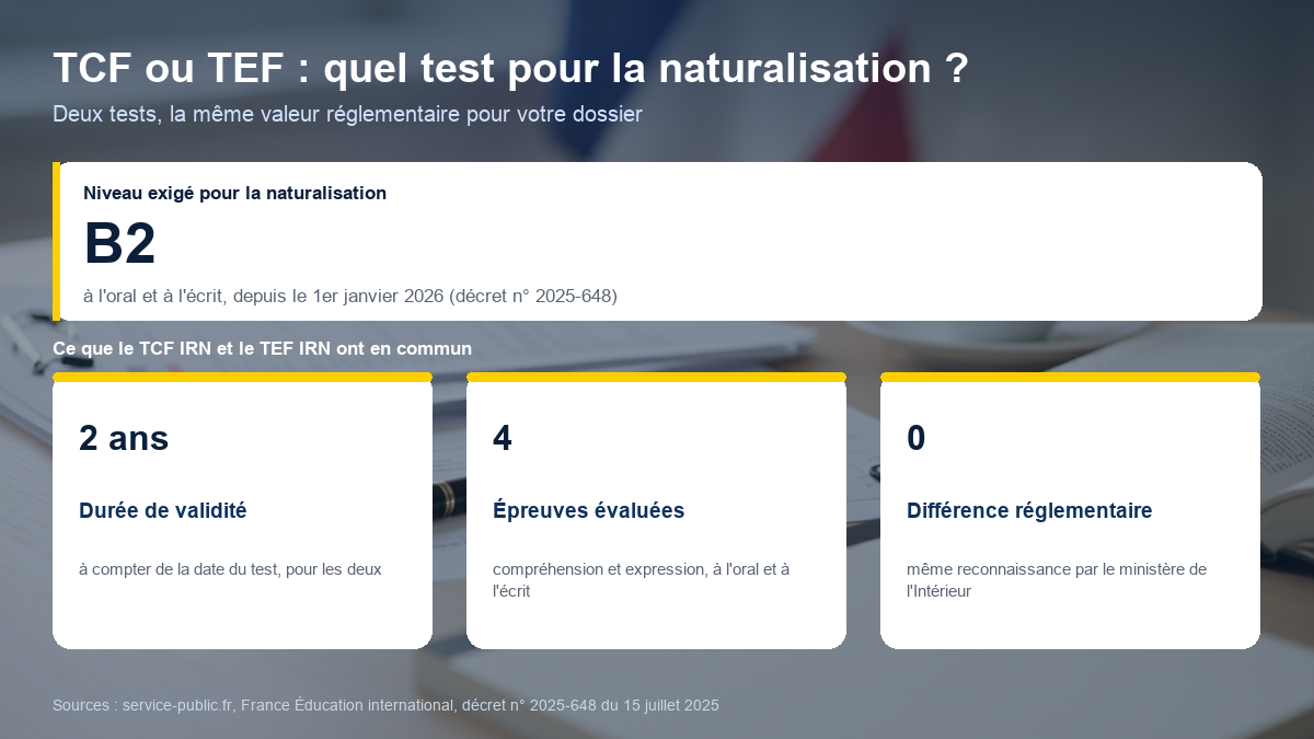 Comparaison du TCF IRN et du TEF IRN pour la naturalisation : niveau B2 exigé depuis le 1er janvier 2026 à l'oral et à l'écrit, attestation valable 2 ans, quatre épreuves de compréhension et d'expression, et aucune différence de reconnaissance entre les deux tests par le ministère de l'Intérieur