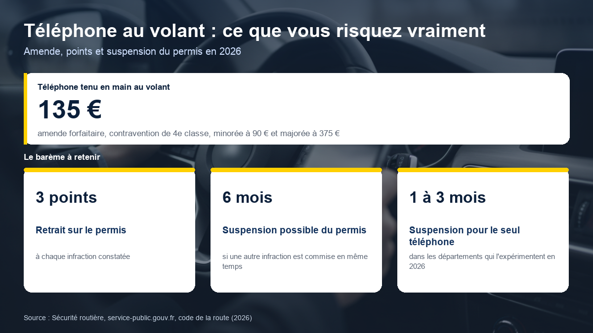 Sanctions du téléphone au volant : 135 euros d'amende et contravention de 4e classe, 3 points retirés sur le permis, suspension du permis jusqu'à 6 mois si une autre infraction est commise en même temps, et suspension de 1 à 3 mois pour le seul usage du téléphone dans les départements qui l'expérimentent en 2026