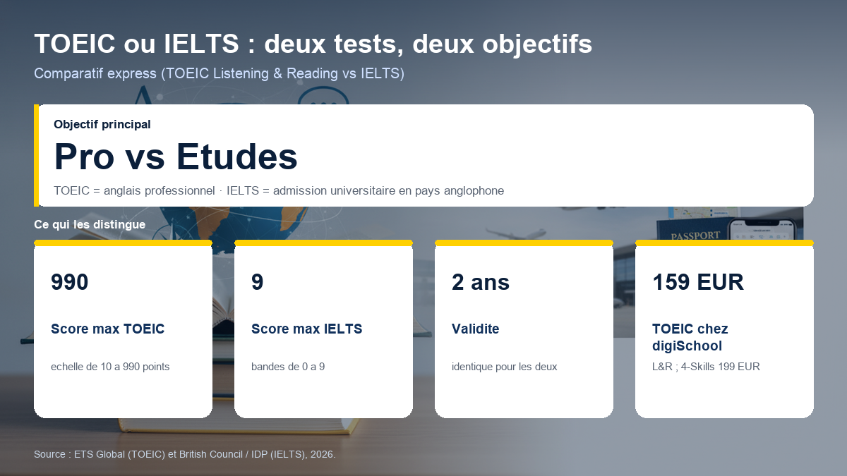 Comparatif visuel TOEIC et IELTS : le TOEIC vise l'anglais professionnel avec un score de 10 à 990, l'IELTS vise l'admission universitaire avec des bandes de 0 à 9, les deux étant valables 2 ans